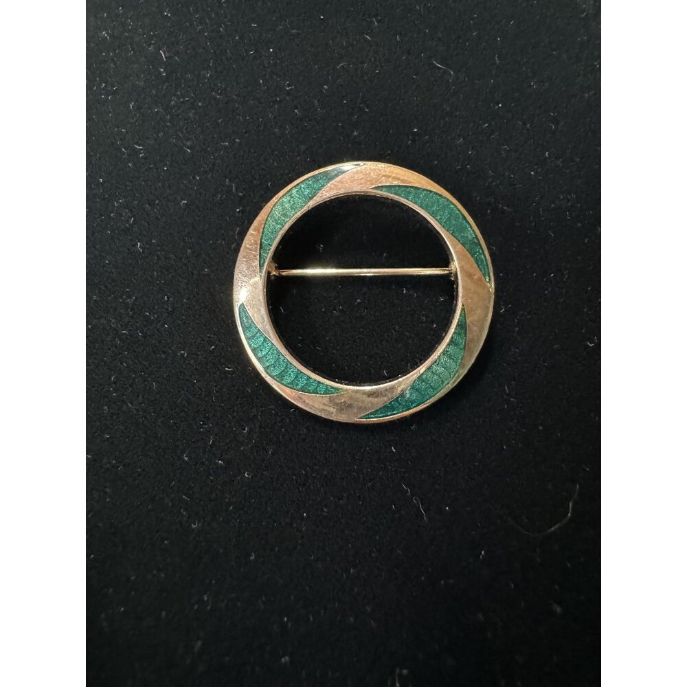 Vintage Round Green Enamel & Gold-Tone Brooch